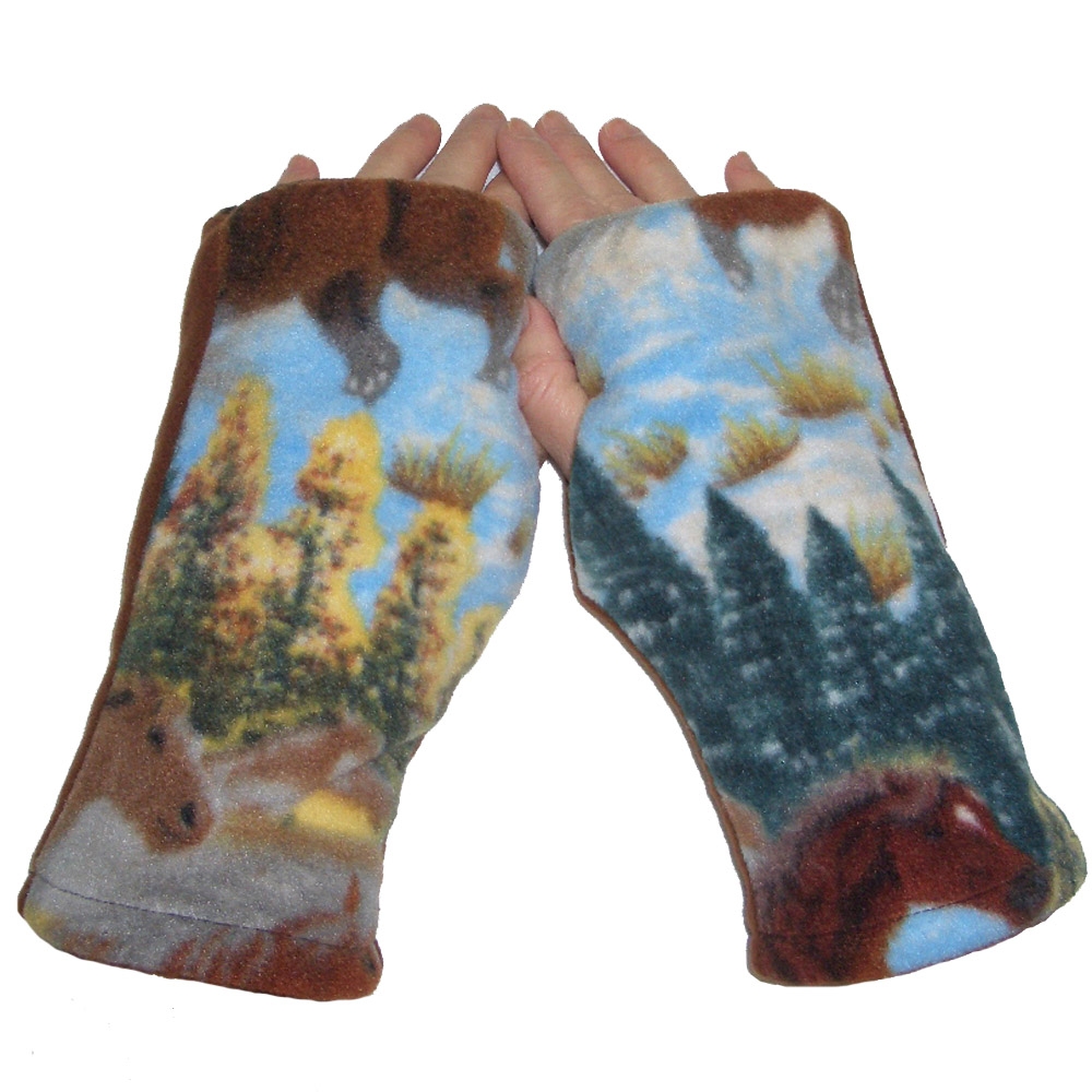 Pair of gloves featuring hand-painted nature scenes.
