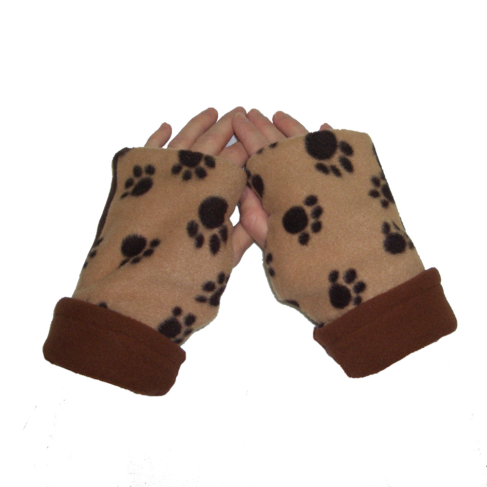 Cozy brown fingerless gloves with black paw prints.